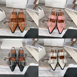 Woman Dress Sandals Slippers Ganniluxy Ballerina Flats Black Chunky Feminine Design with Wide Belt Pointed Toe Slingback Strap Patent Leather Gladiator