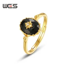 WES 925 Стерлинговое серебряное кольцо драгоценного камня для женщин натуральная черная агата 68 -мм штуковывочные украшения с золоты