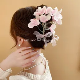 Primavera Nuova ricamo a sfera rosa Flower Clip con streamer Bowknot per donne Accessori per capelli per capelli squallidi