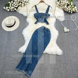 designer Work Dresses Amolapha Women Summer Denim 2-piece Sets Strapless Suspender Strap Short Tops High Waist Long Jeans Skirts Clothing Suits 151