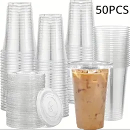 50pcs 16oz xícaras de plástico transparentes Tampas planas Copo de bebida descartável para festas de casamentos ice café milkshakes bebendo copos de copos 240521