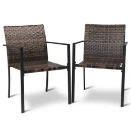 Conjunto ZK20 de 2 cadeiras de jantar de vime ao ar livre empilhável, poltrona de fogo para qualquer clima com apoios de braços, moldura de aço para pátio de pátio de jardim de jardim marrom