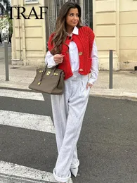 Traf Womans 2024 Fashion Red Knit Otch Sleeveveless con giro tascabile Singolo Streetwear vintage a maglia vintage 240507 240507