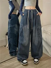 Jeans femininos harajuku vintage Blue Cargo Mulheres de tamanho grande y2k grunge preto calças de jea