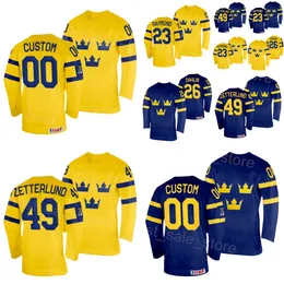 Stitch Hockey Sverige 33 Samuel Esson Jerseys 9 Adrian Kempe 14 Joel Eriksson Ek 23 Lucas Raymond 26 Rasmus Dahlin 28 Marcus Pettersson 2024 IIHF Världsmästerskap