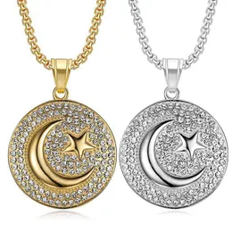 Muslim Crescent Moon and Star Pendant 14k Gold Iced Out Round Necklace Hip Hop Women Men Islamiska smycken