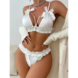 Bras Sets Sexy Bandeau Wrinkled Ruffled Frilled Bikini Bow Pearl Accessories Women Temptation Bra Thong Erotic Lingerie Set Female