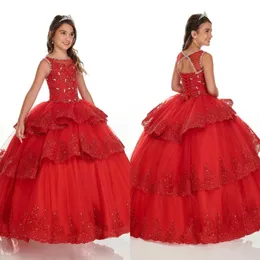 Kırmızı Üç Katman Balyoyu Fırfır Mini Quinceanera Elbiseler Pageant Kız Dantel Boncuklar Dantel-Up Jewel Flower Girl Dress Party Mezuniyet Ki 280a