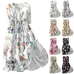 Casual Dresses Women's Fashion Floral Printed Lapel Buttoned Seven-Point Sleeve Dress With Tie-Downs Resses For Summer 2024