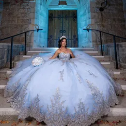 Sky Blue Quinceanera Dress Floral Applique Princess Ball Gown Bead Lace Up 생일 파티 댄스 파티 드레스 Desido de 15 0522