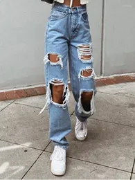 Women's Jeans High Waist Rise Distressed Ripped Frayed Destroyed Fabrics Straight Legs Loose Fit Zipper Button Closure Women's Clothing