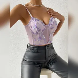 Kvinnors tankar Vemina mode V-ringningsnät Se genom Crop Tops Lace 3D broderi Floral Halter Hollow Out Vest Sexy Purple Fishbone Corset