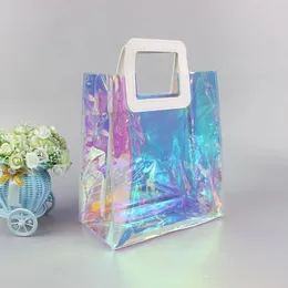 Clear Tote Bag Holographic Rainbow Shopping Bag Multi-Use Big Capacity Shoulder Handbag for Work Gym Sports Travel Beach 240522