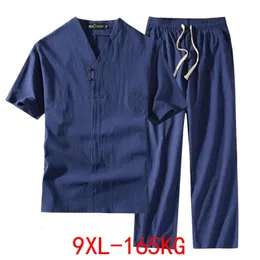 Roupas masculinas de tamanho grande, traje de verão de traje de linho de linho da moda de moda masculina Conjunto chinês 8xl 9xl Plus Two Piece 240518