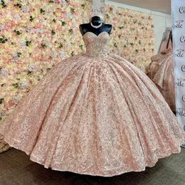 Pink Shiny Quinceanera Kleid 2024 Ballkleid Perlen Big Bow Tull für süße 16 15 Paillettenprinzessin Vestidos de xv 15 Anos