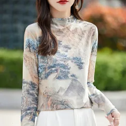 Women Elegant Blouse Long sleeve Slash Neck Shirt Spring Summer Temperament Woman Chinese Ink Painting Printing Tops 240517