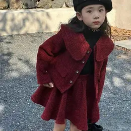 Set di abbigliamento set di abiti angobeari per ragazze costumi di primo compleanno bambini giacche di lana rossa gonna corta neona