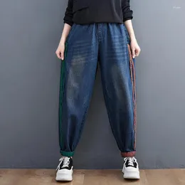 Frauen Jeans Vintage Kontrast Farbe Patchwork Ladies Waschen zerkratzt Denimhose Femme Elastic Taille Freizeit Harem Hose Herbst 2024