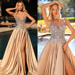 Champagne crystal Prom Dress a line straps Evening gowns thigh Split satin Formal Red Carpet Long Special Occasion Party dress