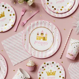 96pcs Pink Princess Castle Thema Girls Geburtstagsfeier Einweggeschirrpapierbecher Platte Serviette Babyparty Party Lieferungen 240522
