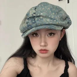 Vintage Y2K Star Paillette Beret Sboy Hut Maler Hüte Denim Stoffkappen Korea Falten Krawattenfärbungshut Hip Hop Punk Accessoires 240522