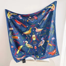 90cm Manual Hand Rolled Twill Silk Scarf Women Bugs And Bird Print Square Scarves Wrap Echarpe Foulards Femme Bandana Lady Hijab 240522