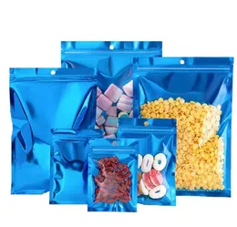 Clear Front Glossy Blue Flat Plastic Zipper Storage Bag Resealable Sugar Snack Coffee Beans Candy Tea Packaging Pouches