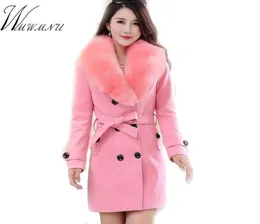 Wmwmnu winter modische schlanke lange Wollmantel Frauen großer Pelzkragen Doppelbrust warme Wolljacke elegant Vintage Pink Coat 2011048302438