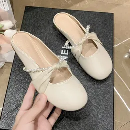 Slippers Pearl Women's Wear 2024 Shoes Fashion Baotou Half Drag Soft Bottom Beaded Finishing Leather