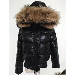 Damen down Parkas m Frauen Jacke verdicken kurze 100% echte Waschbär Pelzkragen Kapuze Mantel Schwarz/rote Farbablieferungsbekleidung Kleidung Clothi Otclo