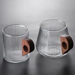 Glas Kaffeetasse Japanesstyle Tasse mit Holzgriff vertikale Streifen Tee Milch Home Office Getränke Bier Geschenk 240522