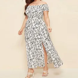 Women Summer Plus Size Dress Chest Wrapped Short Sleeve Split Flowy Hem Off Shoulder Print Maxi Boho Streetwear 240506