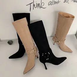 Boots Point Toe Thin Heels Designer Chaussure Femme Circle Mid-Calf Bling Women Shoes Luxury Combat Bottines Buckle Pumps Cozy