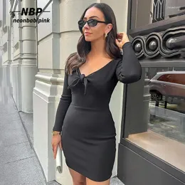 Casual Dresses NEONBABIPINK Bow Deep V Long Sleeve Short Elegant Sexy Going Out Outfits For Woman Winter Black Bodycon Dress N85-CZ25