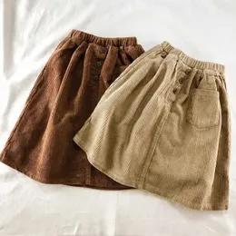 Skirts Fashion Autumn Winter Baby Girls Skirts Apricot Brown Striped Three Button Shorts with Pocket Elastic Waist Thick Kids Outwears Y240522