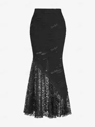 Rosegal Plus размер готическая кружевная кружевная панель разорванная пэчворчатая юбка русалка черная элегантная женская уличная одежда для лодыжки юбки для бодинобоя 240522