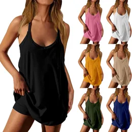Женское двойное спортивное платье с твердым цветом с шортами без рукавов спагетти ремней гольф спортивные платья 240509