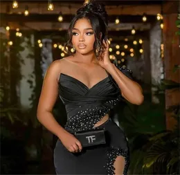 Black Satin Thigh Split evening wear dresses with Sheer