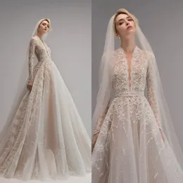 Ersa Atelier 2024 Wedding Dresses A Line V Neck Long Sleeve Lace Beaded Appliqued Bridal Gowns Robe De Mariee