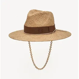 سلسلة حزام القش فيدورا قبعة شاطئية مزينة مع سلسلة للنساء القش المنسوجة شمس القبعات الصيف Holidaty Panama قبعة 240521