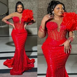 2024 Plus Size Aso Ebi Prom Dresses for Special Occasions Red Mermaid Illusion Long Sleeves Promdress Beaded Lace Birthday Dress Second Reception Gowns AM990