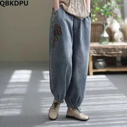 Jeans femininos Oversize para 90 kg de bordado de altas cintura harém harém de folga vintage de calças do tornozelo