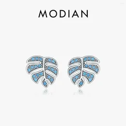 Hölzer Ohrringe Modian 925 Sterling Silber Vintage Blau Naturstürkis Lucky Blätter für Frauen Fein Schmuck Jubiläumsgeschenk