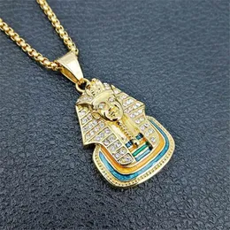 Pendente di sfinga del faraone in Egitto con catena dorata 14k e gioielli hip hop di strass bling ghiacciati