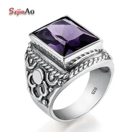 Real 925 Sterling Silver Heavy Signet Rings Mens Massive Amethyst 12*16mm Stone Party Male Vintage Jewelry Gift For Husband Top 240509