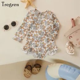 Tregren Kids Girl Sommer Badeanzug Floraldruck Langarm Rüsche Jumpsuit Badebadeiner Badeanzug Schwimmbad Strandwege L2405