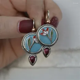 Dangle Ohrringe Ethnisches Wassertropfen mit lila Stein Vintage Silber Farbe rund blau rote Blume Emaille Schmuck