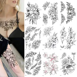 10/20pcs Rose Peony Flower Girls tatuaggi temporanei per donne Adesivi per tatuaggi neri impermeabili Blossom Lady spalla fai da te taatoos 240523