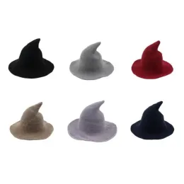Chapéu de bruxa de lã da moda para mulheres - chapéu de balde de malha pontiagudo para Halloween em preto