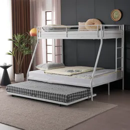 ZK20 Twin nad pełnym łóżkiem piętrowym z trundle, potrójne łóżka piętrowe dla dzieci dorośli, metal z dwiema bocznymi drabiną i poręczami, biały